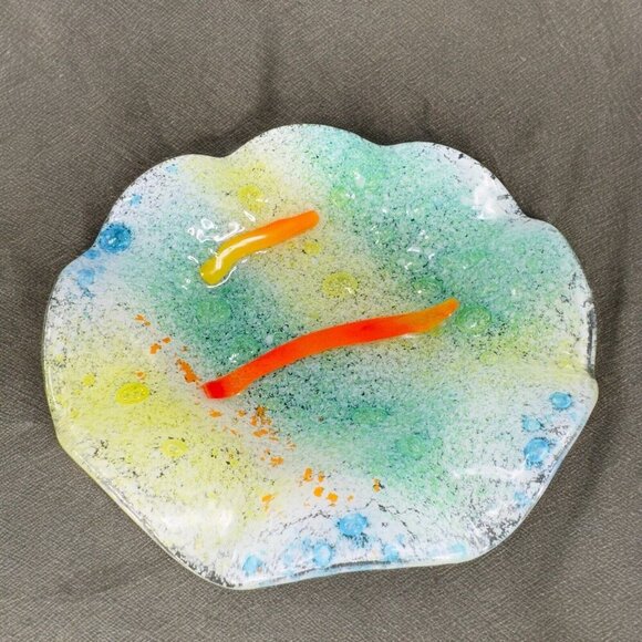 Hand Made Fused Art Glass Dish Plate Ruffled Edges Multicolor Glass Hand Crafted - Picture 8 of 16